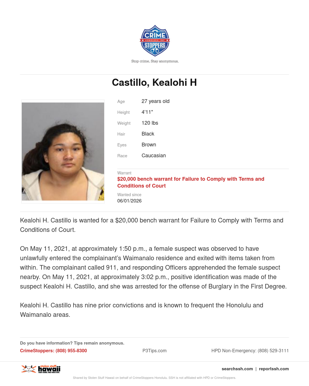 WANTED - Honolulu | Stolen Stuff Hawaii