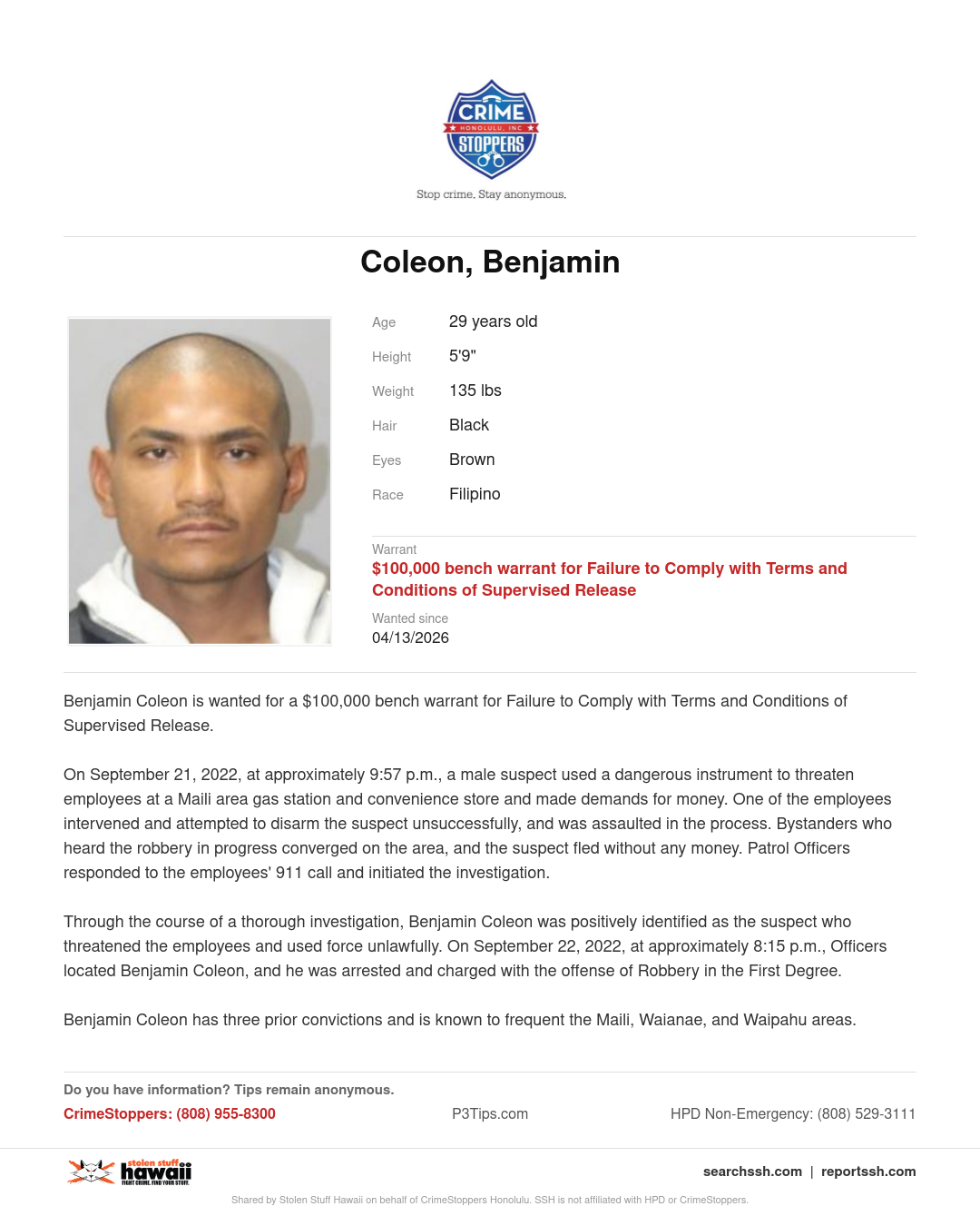 CRIMESTOPPERS - Honolulu | Stolen Stuff Hawaii