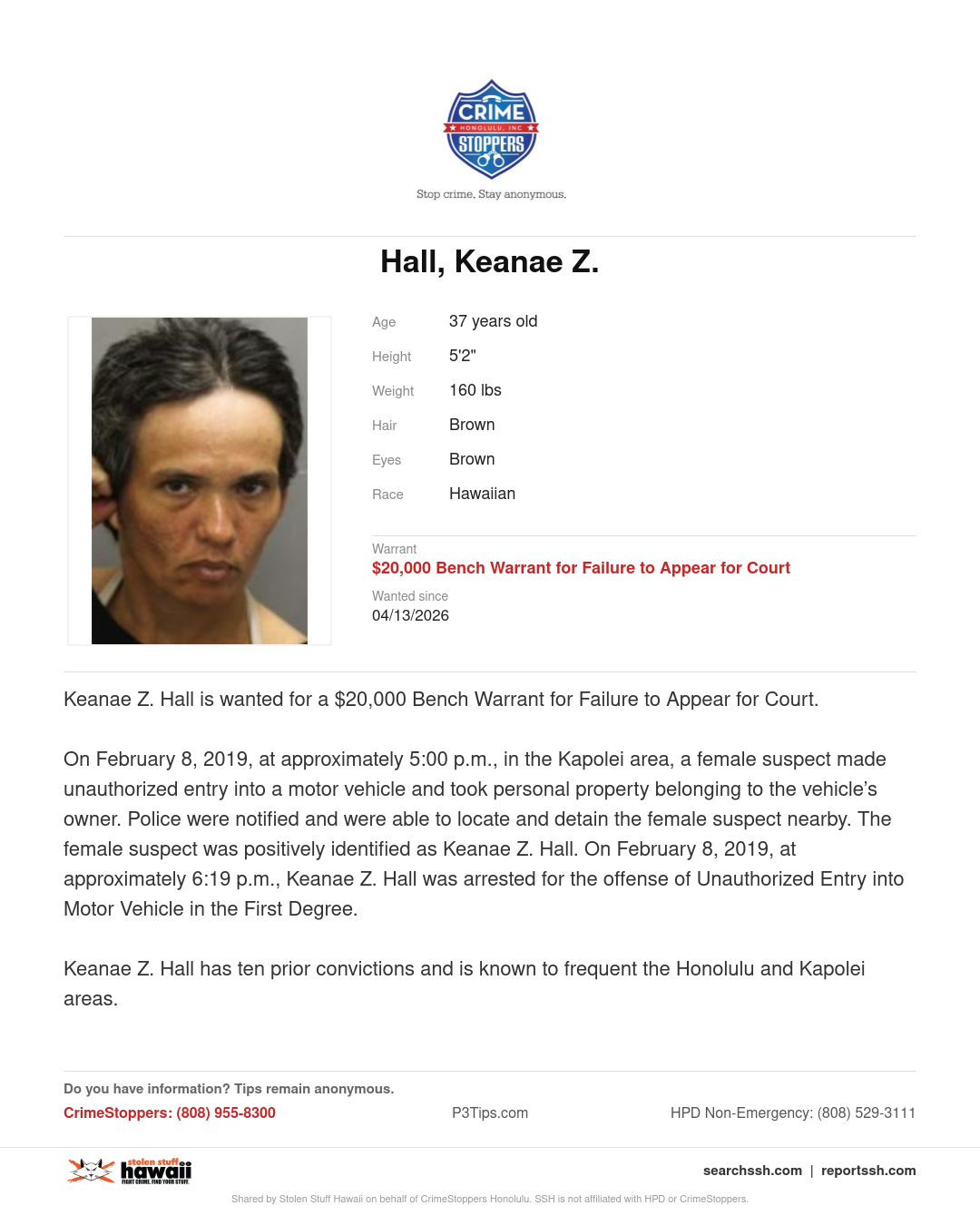 CRIMESTOPPERS - Honolulu | Stolen Stuff Hawaii