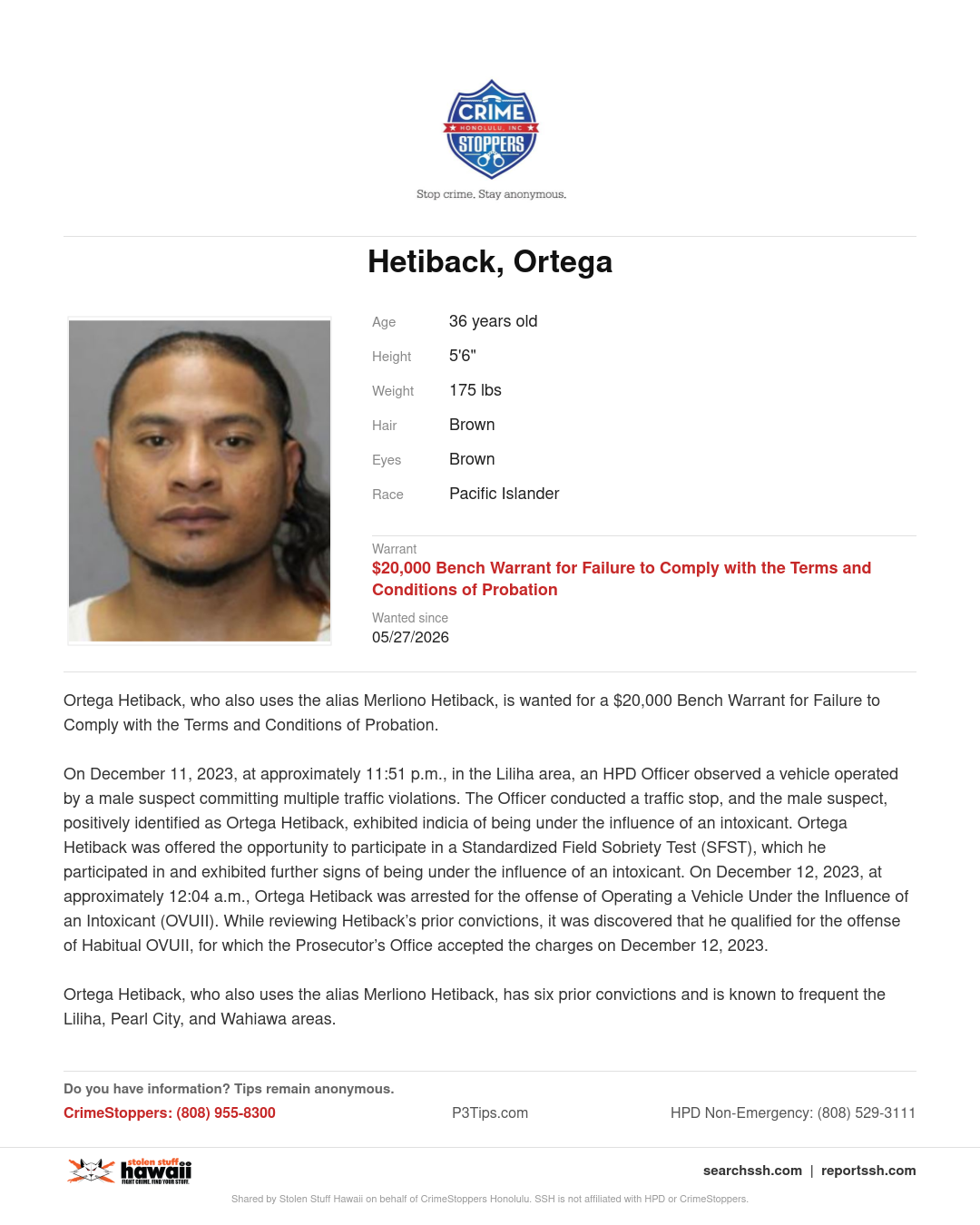 WANTED - Honolulu | Stolen Stuff Hawaii