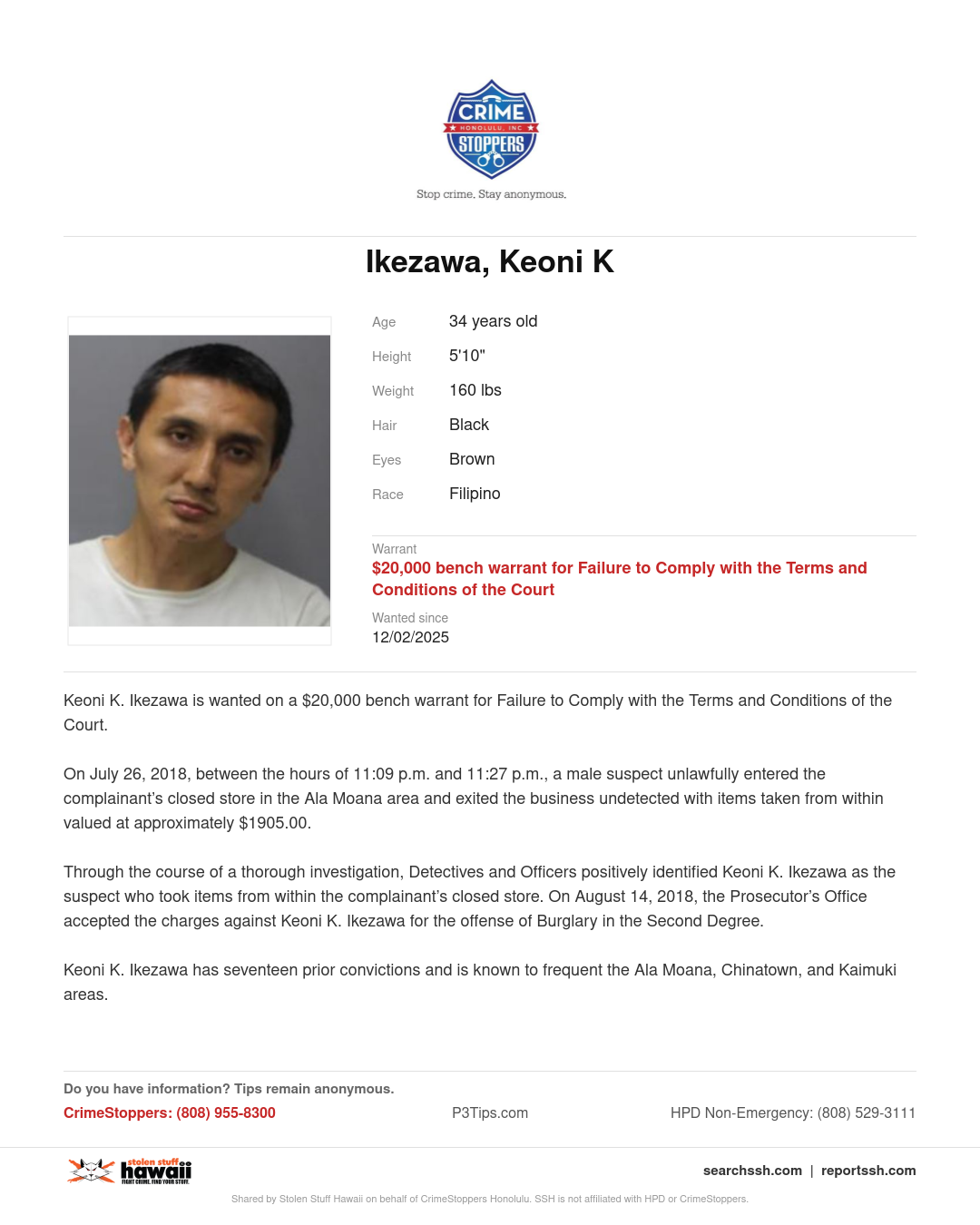 CRIMESTOPPERS - Honolulu | Stolen Stuff Hawaii