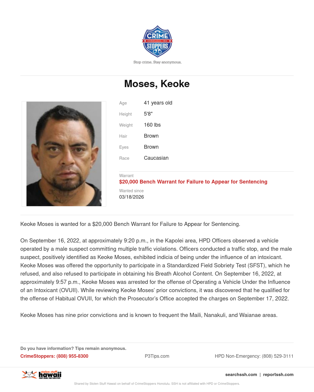 Moses, Keoke - Honolulu | Stolen Stuff Hawaii