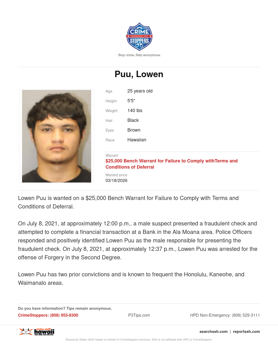 CRIMESTOPPERS - Honolulu | Stolen Stuff Hawaii
