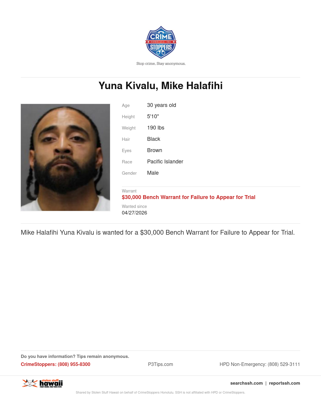 CRIMESTOPPERS - Honolulu | Stolen Stuff Hawaii