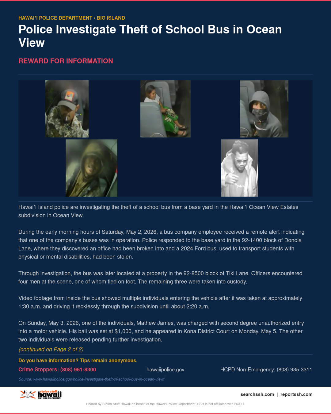 REWARD FOR INFORMATION - Hawaii County | Stolen Stuff Hawaii