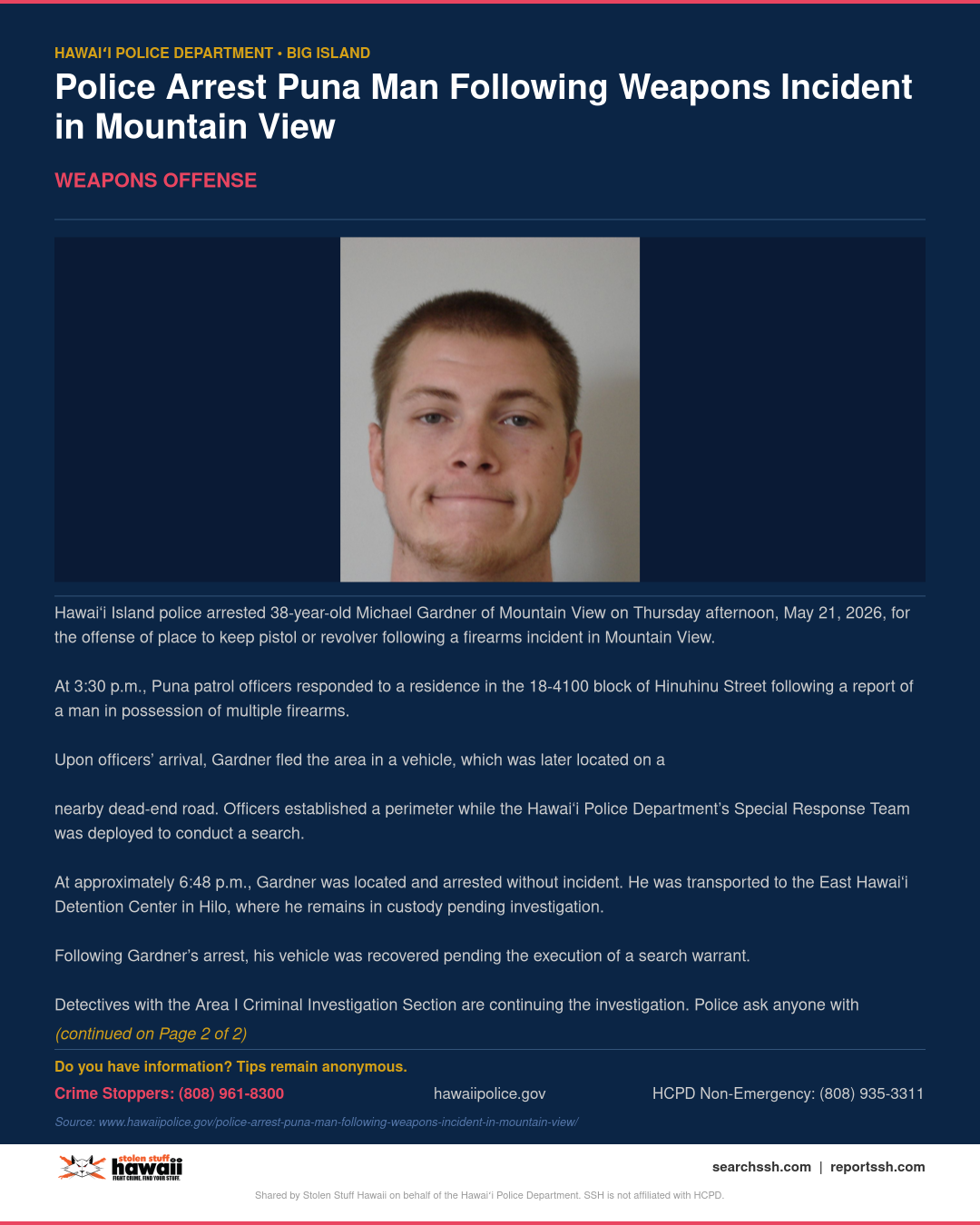 WEAPONS OFFENSE - Hawaii County | Stolen Stuff Hawaii