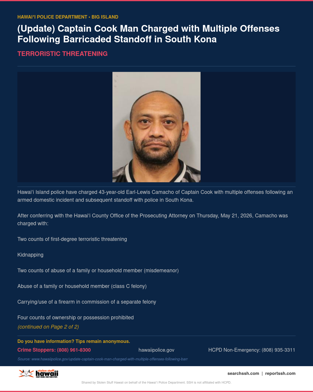 TERRORISTIC THREATENING - Hawaii County | Stolen Stuff Hawaii
