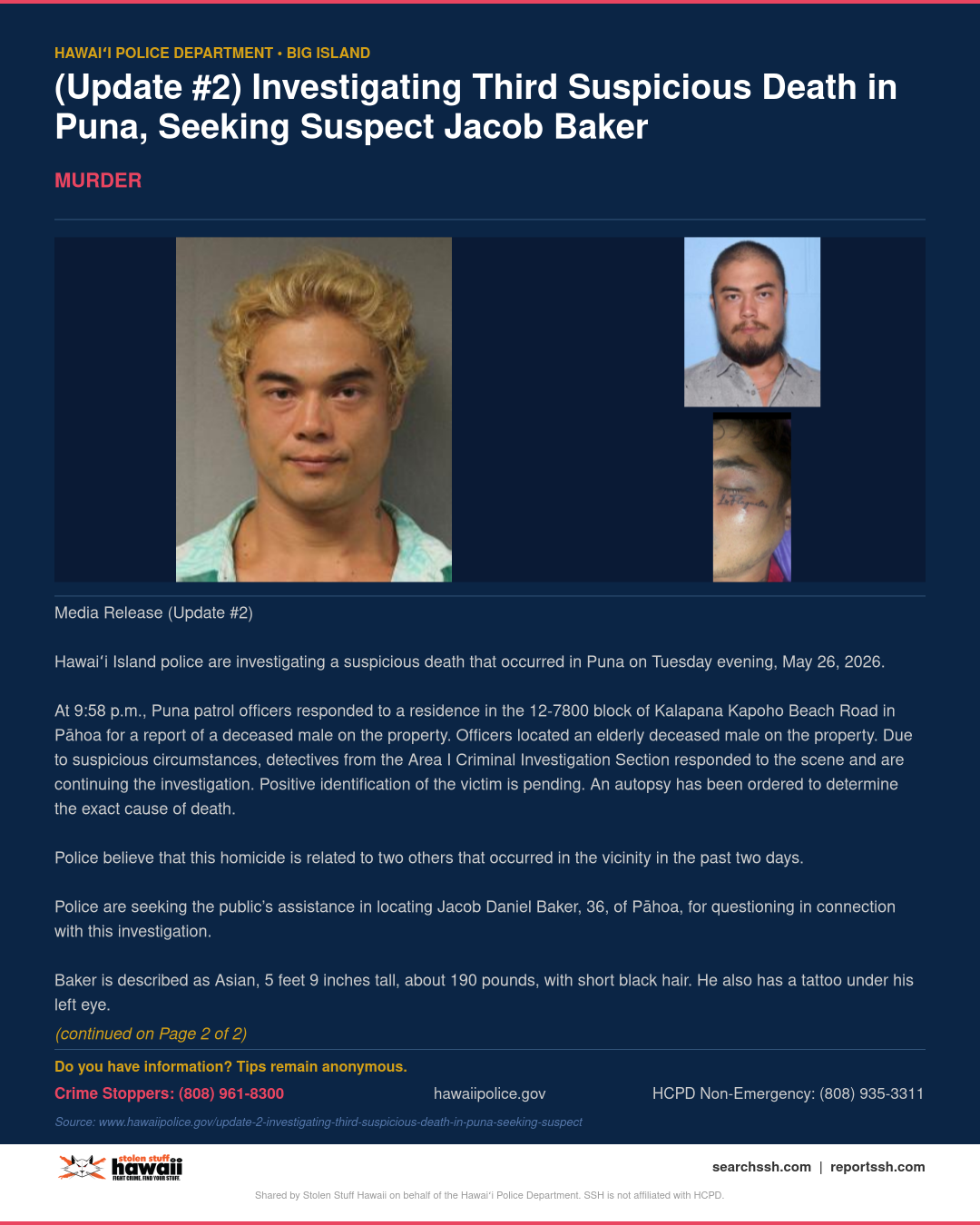 MURDER - Hawaii County | Stolen Stuff Hawaii