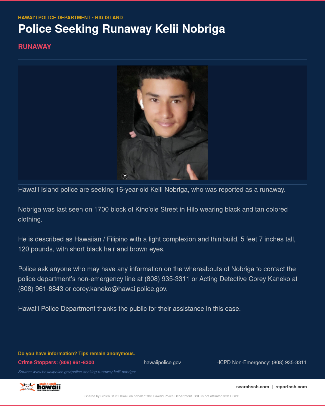 RUNAWAY - Hawaii County | Stolen Stuff Hawaii