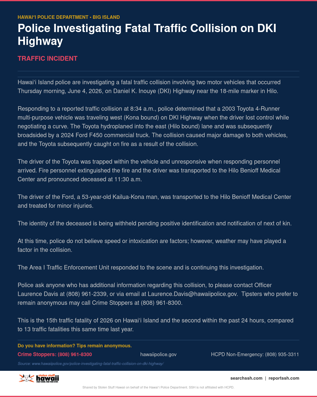 TRAFFIC INCIDENT - Hawaii County | Stolen Stuff Hawaii