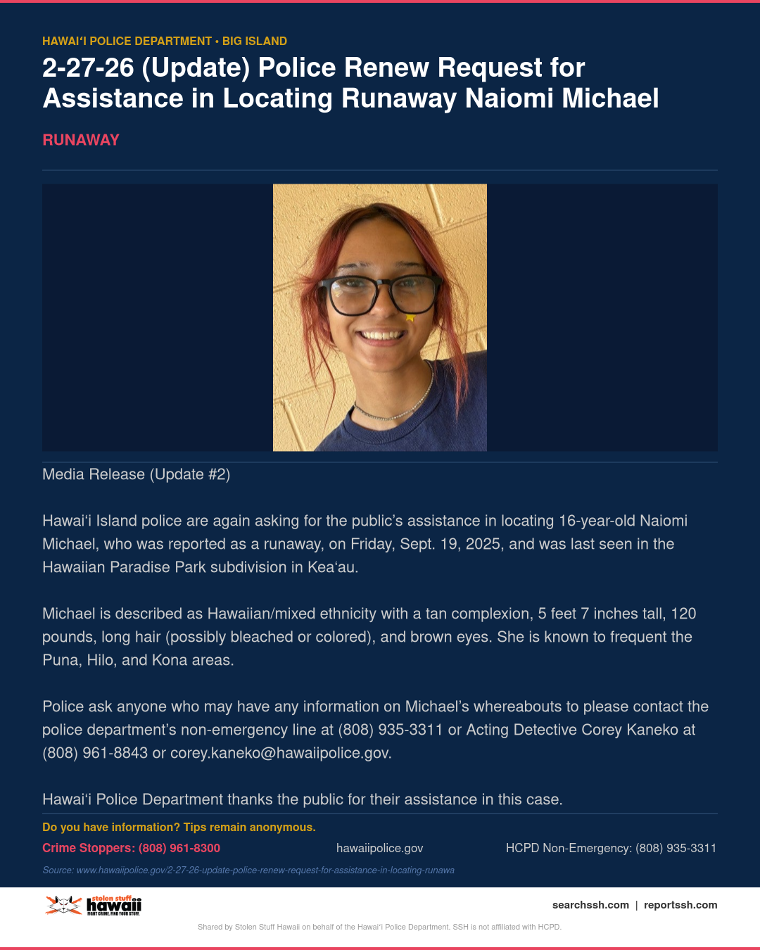 RUNAWAY - Hawaii County | Stolen Stuff Hawaii