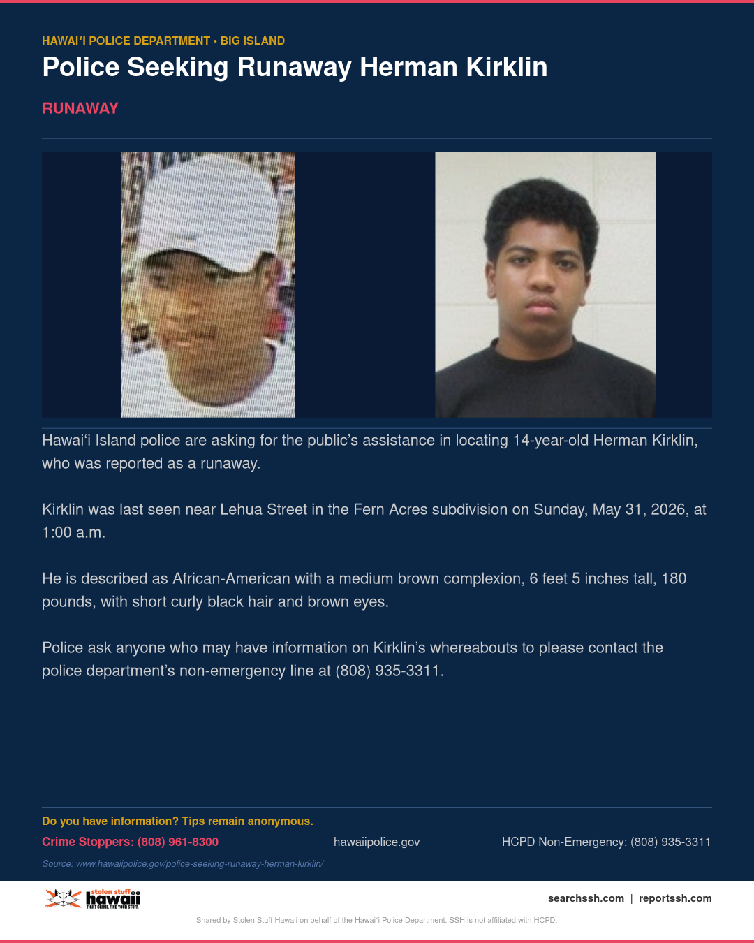 RUNAWAY - Hawaii County | Stolen Stuff Hawaii