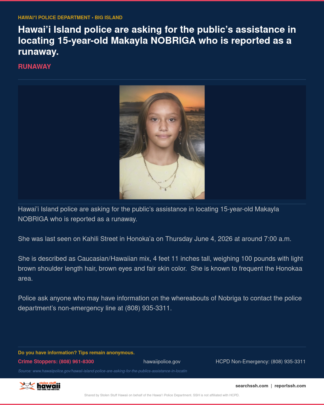 RUNAWAY - Hawaii County | Stolen Stuff Hawaii