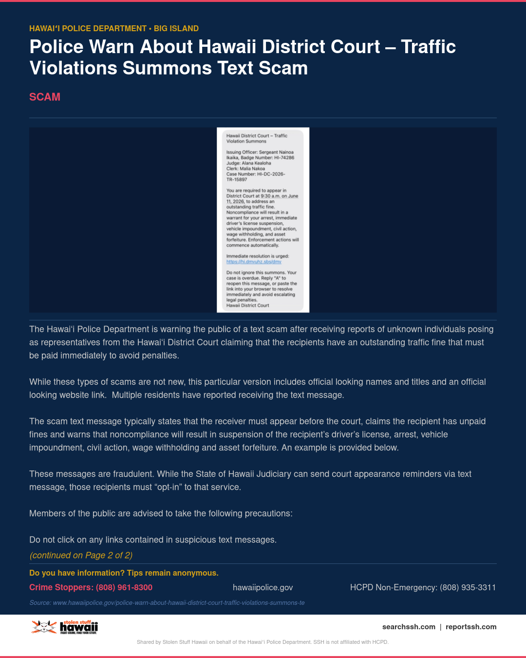 SCAM - Hawaii County | Stolen Stuff Hawaii