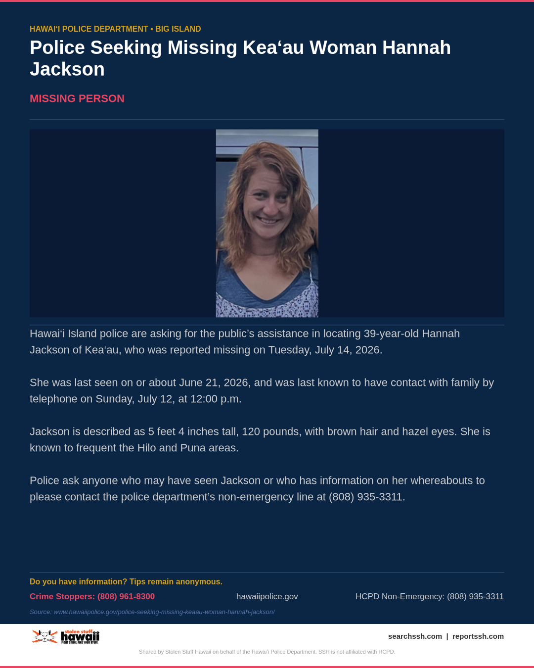 MISSING PERSON - Hawaii County | Stolen Stuff Hawaii