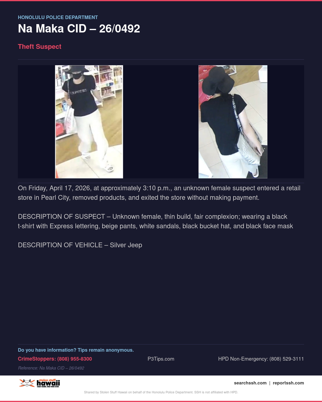 HPD OFFICIAL - Honolulu | Stolen Stuff Hawaii