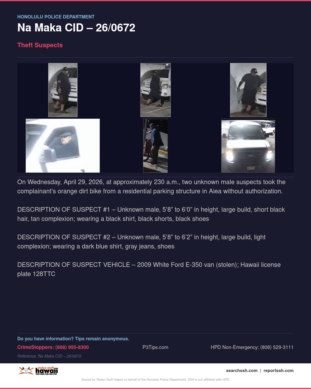 THEFT - Honolulu | Stolen Stuff Hawaii