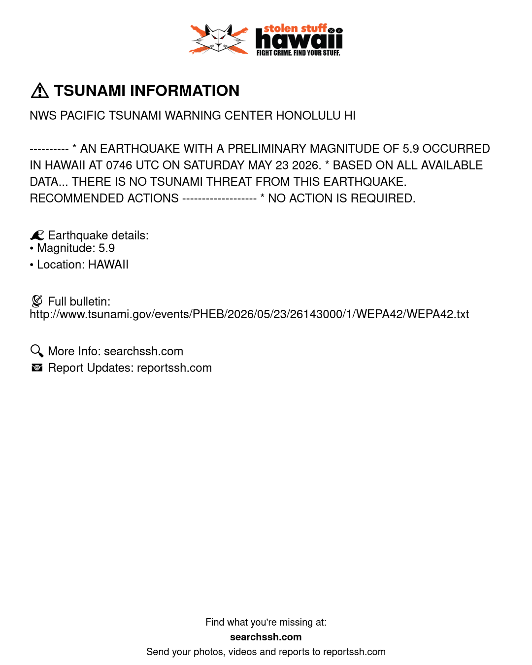 TSUNAMI INFORMATION - HAWAII | Stolen Stuff Hawaii