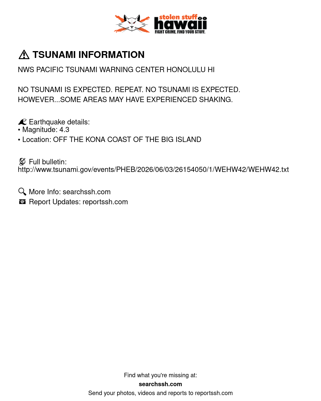 TSUNAMI INFORMATION - Hawaii | Stolen Stuff Hawaii