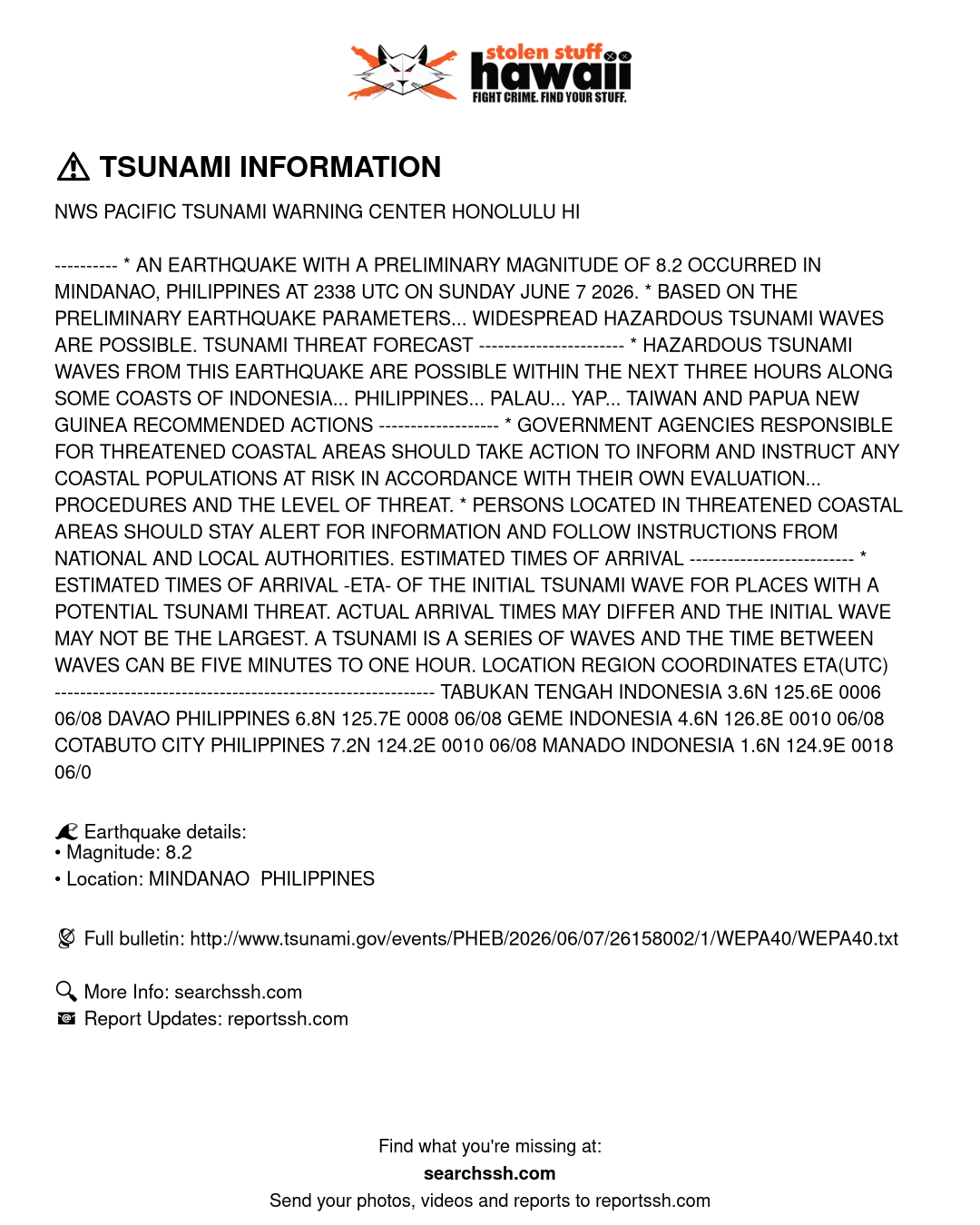 TSUNAMI INFORMATION - PHILIPPINES | Stolen Stuff Hawaii