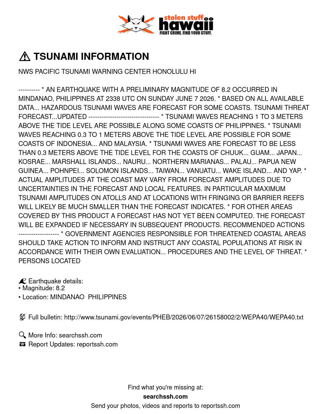 TSUNAMI INFORMATION - PHILIPPINES. | Stolen Stuff Hawaii