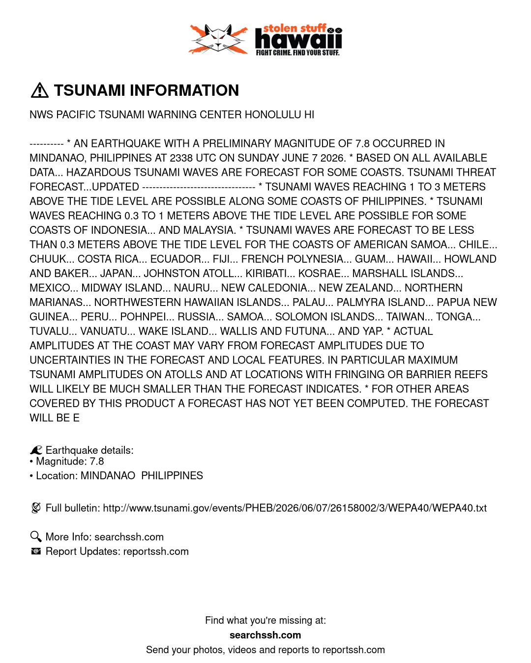 TSUNAMI INFORMATION - PHILIPPINES. | Stolen Stuff Hawaii