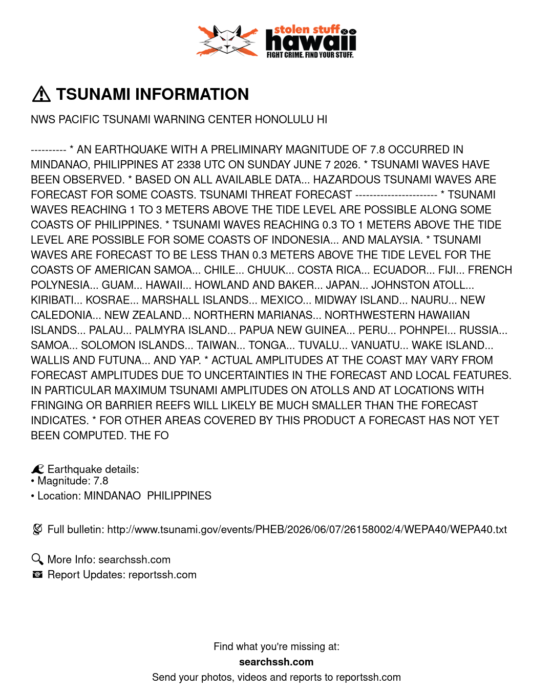 TSUNAMI INFORMATION - PHILIPPINES. | Stolen Stuff Hawaii