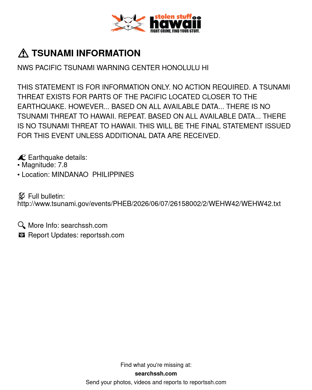 TSUNAMI INFORMATION - Hawaii | Stolen Stuff Hawaii