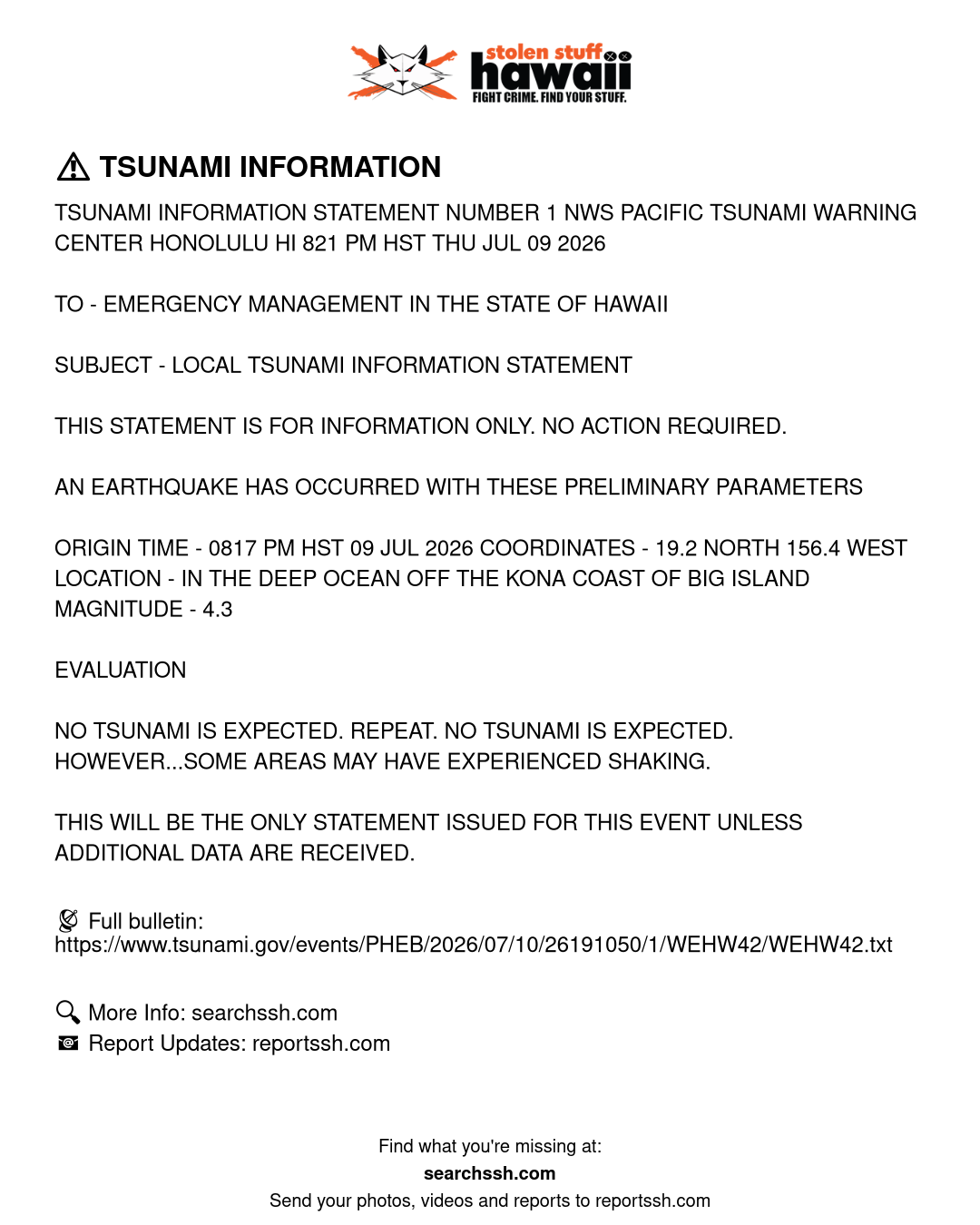 TSUNAMI INFORMATION - Hawaii | Stolen Stuff Hawaii