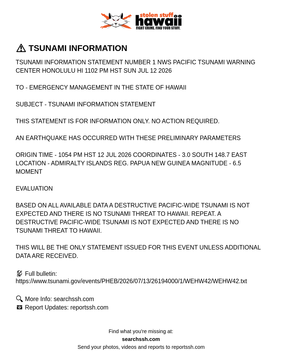 TSUNAMI INFORMATION - Hawaii | Stolen Stuff Hawaii