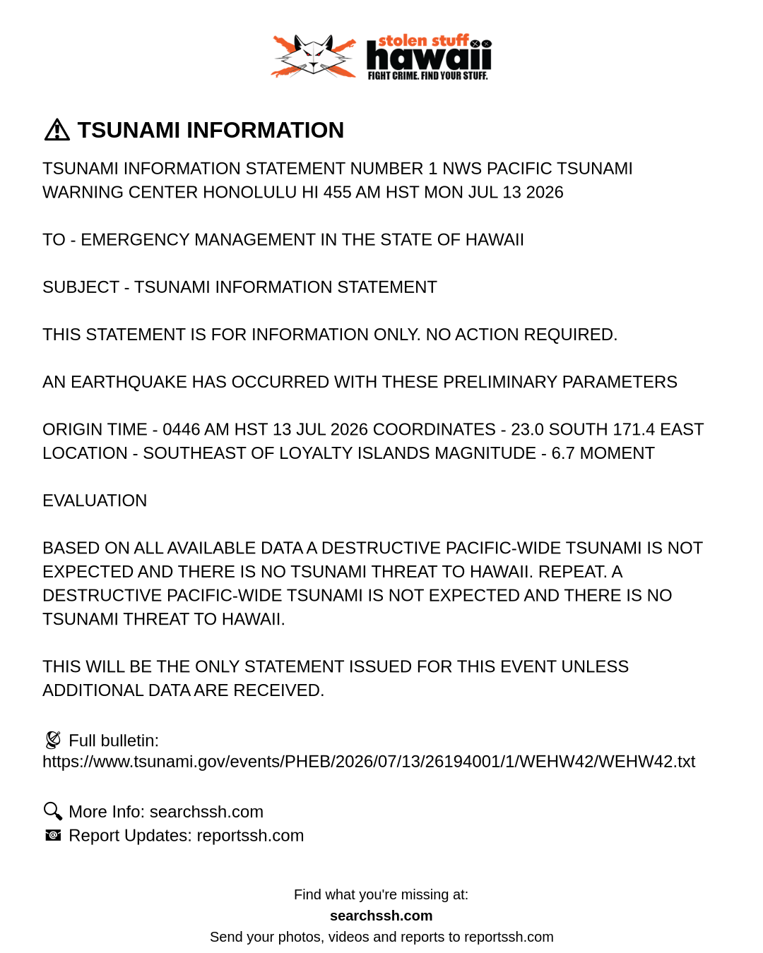 TSUNAMI INFORMATION - Hawaii | Stolen Stuff Hawaii