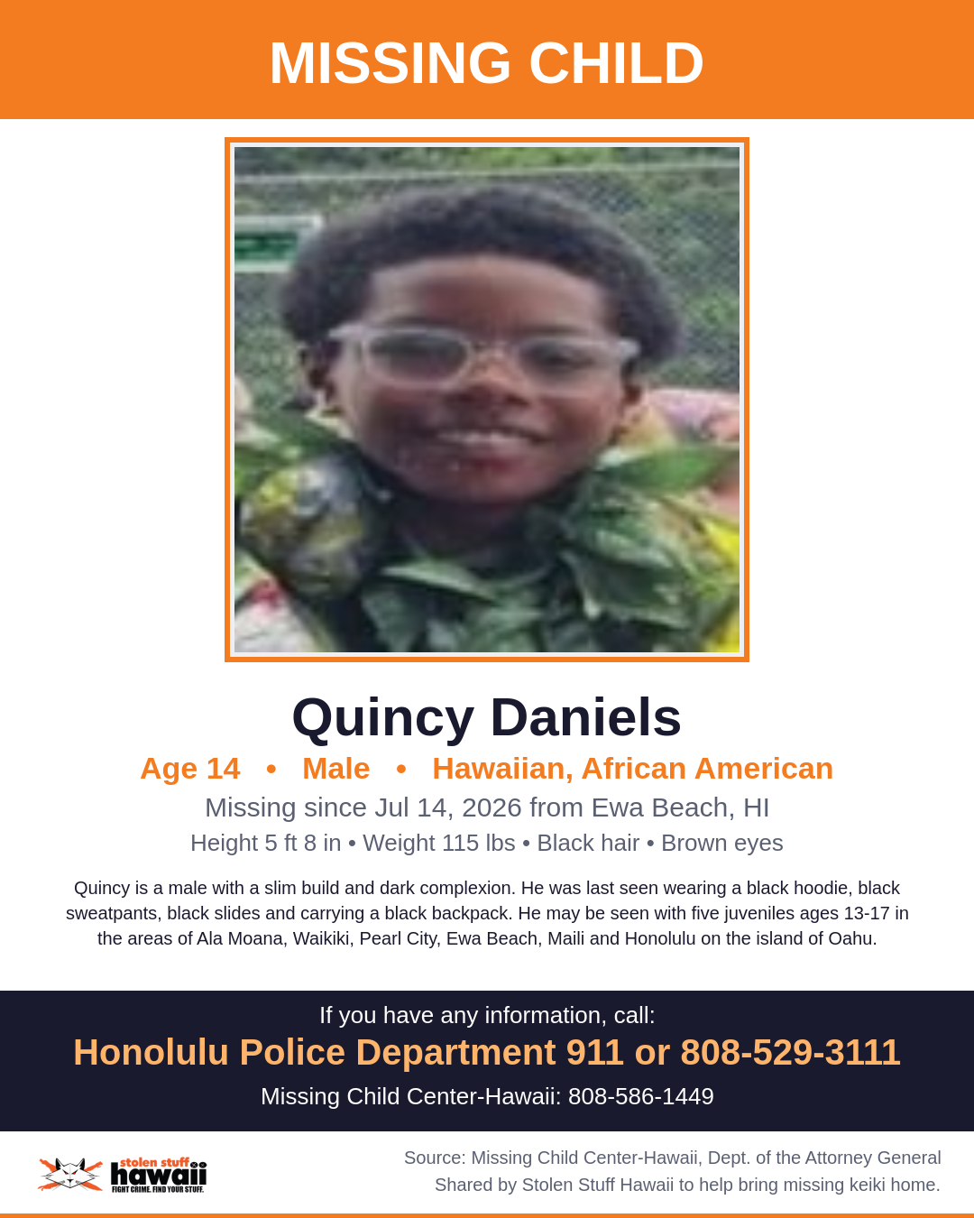 MISSING CHILD - Ewa Beach, HI | Stolen Stuff Hawaii