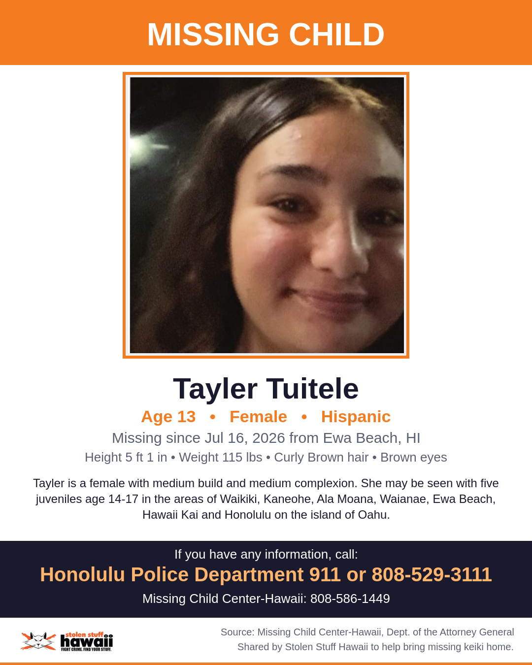 MISSING CHILD - Ewa Beach, HI | Stolen Stuff Hawaii