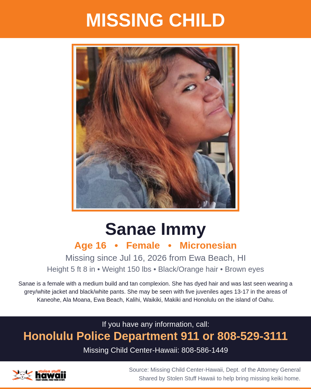MISSING CHILD - Ewa Beach, HI | Stolen Stuff Hawaii