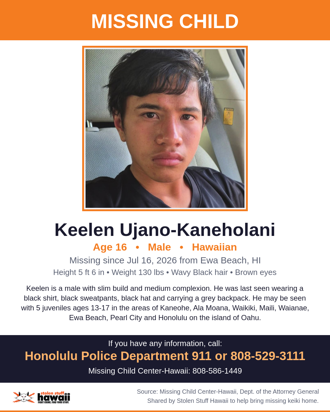 MISSING CHILD - Ewa Beach, HI | Stolen Stuff Hawaii