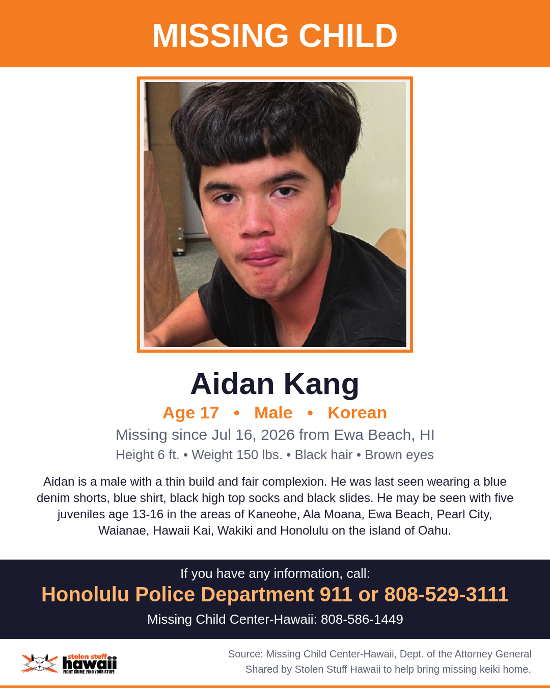 MISSING CHILD - Ewa Beach, HI | Stolen Stuff Hawaii