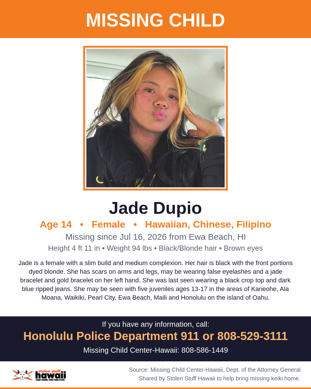 MISSING CHILD - Ewa Beach, HI | Stolen Stuff Hawaii
