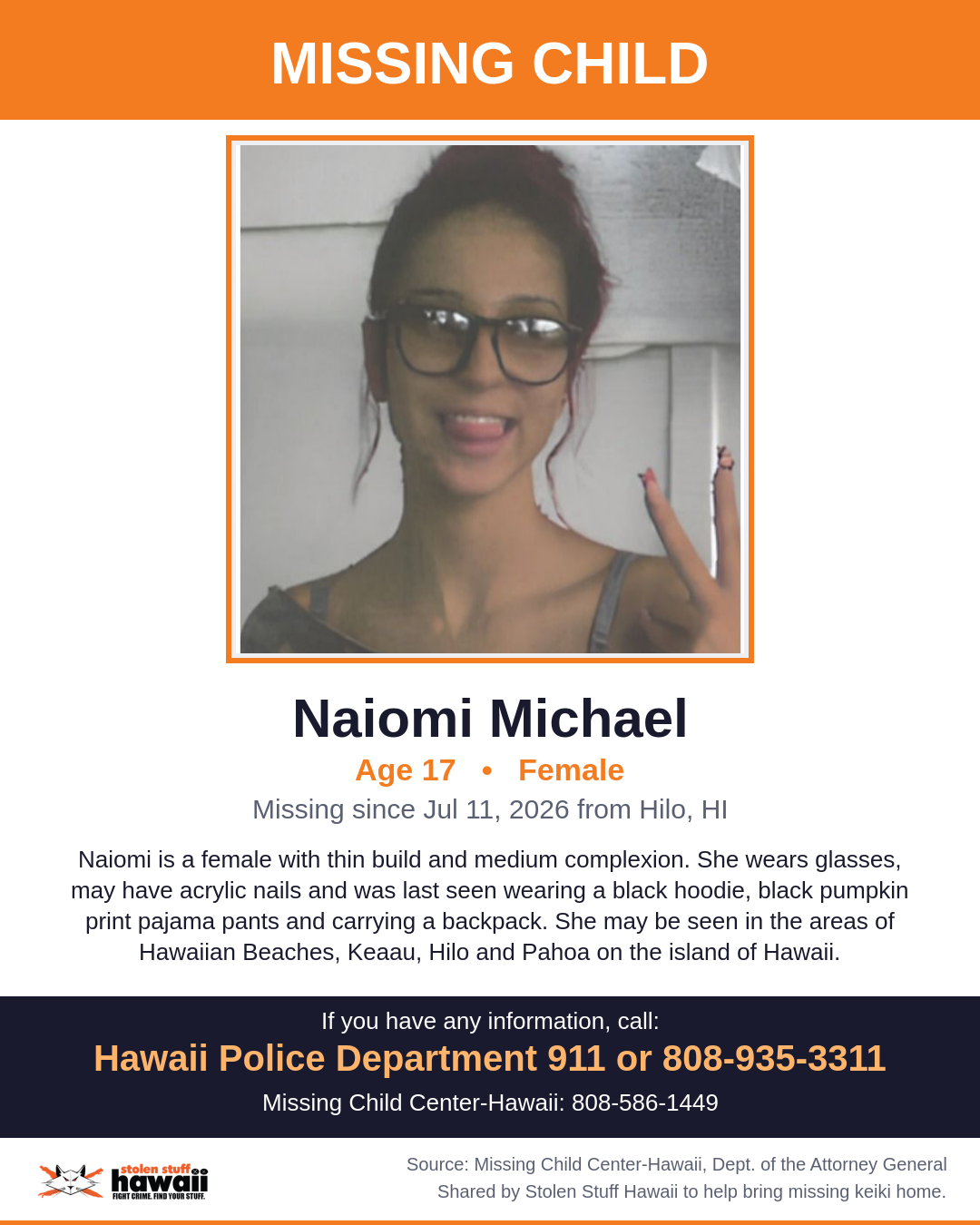 MISSING CHILD - Hilo, HI | Stolen Stuff Hawaii