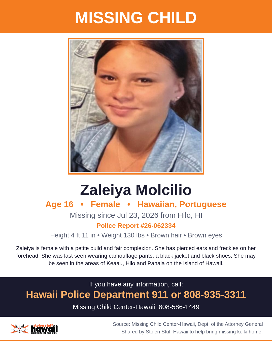 MISSING CHILD - Hilo, HI | Stolen Stuff Hawaii