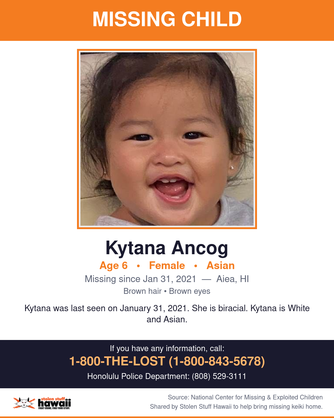 MISSING CHILD - Aiea, HI | Stolen Stuff Hawaii