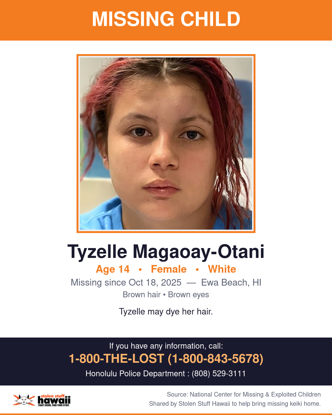 MISSING CHILD - Ewa Beach, HI | Stolen Stuff Hawaii