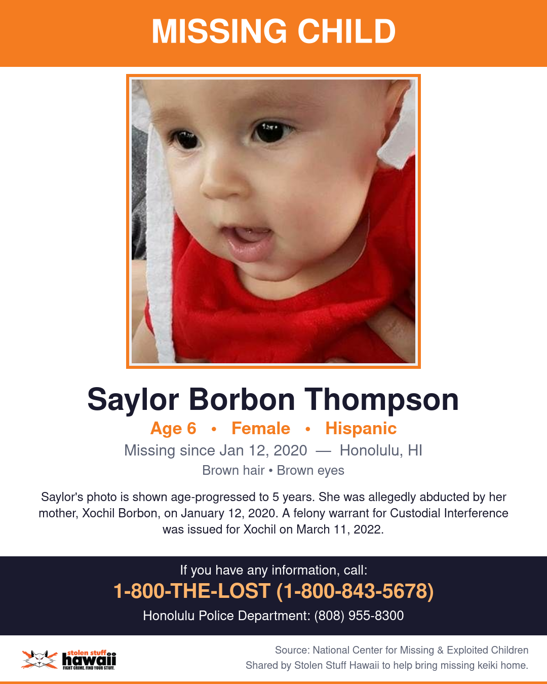 MISSING CHILD - Honolulu, HI | Stolen Stuff Hawaii
