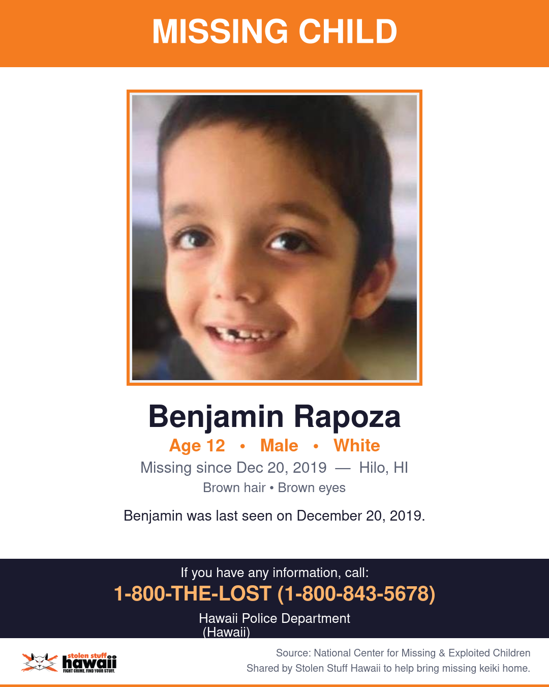 MISSING CHILD - Hilo, HI | Stolen Stuff Hawaii